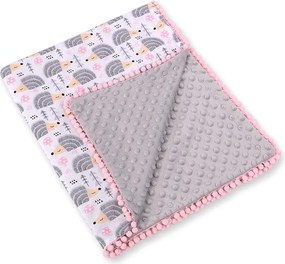 Double-sided blanket minky with pompons - hedgehogs grey