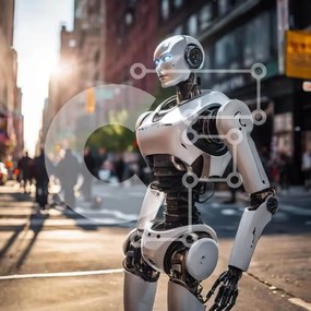 Intra Συλλεκτικό Ξύλινο Παζλ Plywood 4mm - Λευκό ρομπότ στην αστική σκηνή του δρόμου Σε Ξύλινο Κουτί - Διαστάσεις Puzzle: 10x10 cm – 25 κομμάτια