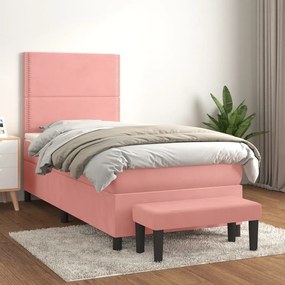 Κρεβάτι Boxspring με Στρώμα Ροζ 90x200 εκ. Βελούδινο