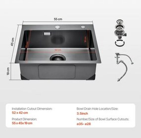 VEVOR 55cm Kitchen Sink Topmount Single Bowl Drop-In Basin Stainless Steel Black