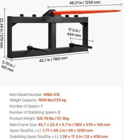 VEVOR 49" Hay Spear, Bale Spears 1600lbs Loading Capacity, Skid Steer Loader Tractor Attachment with 2pcs 17,5" Stabilizer Spears, Quick Attach Spike Forks