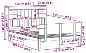 Κρεβάτι Βιβλιοθήκη Χωρίς Στρώμα 150x200 εκ Μασίφ Ξύλο Πεύκου - Καφέ