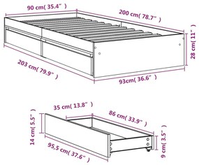 Πλαίσιο Κρεβατιού Συρτάρια Καπνιστή Δρυς 90x200 εκ.Επεξ. Ξύλο - Καφέ