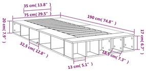 Πλαίσιο Κρεβατιού Γκρι Σκυροδέματος 75 x 190 εκ. Επεξεργ. Ξύλο - Γκρι