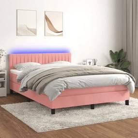 vidaXL Κρεβάτι Boxspring με Στρώμα &amp; LED Ροζ 140x200 εκ. Βελούδινο