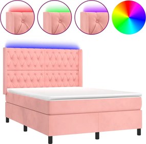vidaXL Κρεβάτι Boxspring με Στρώμα &amp; LED Ροζ 140x190 εκ. Βελούδινο