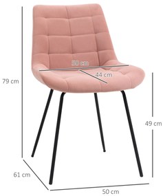 HOMCOM Σετ 2 καρεκλών τραπεζαρίας, καρέκλες προφοράς, καρέκλες κουζίνας, ρετρό σχεδιασμός, όψη βελούδου, 50 cm x 61 cm x 79 cm, Ροζ