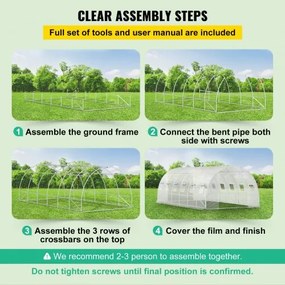 VEVOR Walk-in Tunnel Greenhouse, 20 x 10 x 7 ft Portable Plant Hot House w/ Galvanized Steel Hoops, 3 Top Beams, 4 Diagonal Poles, 2 Zippered Doors &amp; 12 Roll-up Windows, White