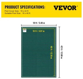 VEVOR Pool Safety Cover 18x42ft, Inground Pool Cover fit for 16x40 ft Pool, Rectangle Inground Safety Pool Cover Green Mesh Solid Pool Safety Cover for Swimming Pool Winter Safety Cover