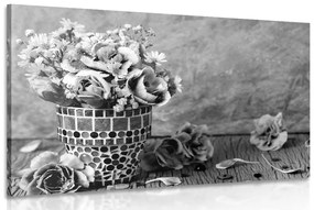 Εικόνα λουλουδιών γαρύφαλλου σε γλάστρα με μωσαϊκό σε ασπρόμαυρο - 90x60