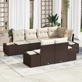 vidaXL Σετ Καναπέ Κήπου με μαξιλάρι 7 pcs Καφέ και Κρέμα Πολυ ράταν