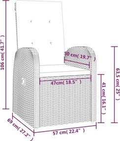 vidaXL Πολυθρόνες Κήπου Ανακλ/νες 2 τεμ. Γκρι Συνθ. Ρατάν + Μαξιλάρια
