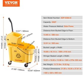 VEVOR Mop Bucket with Wringer, 35 Qt. Commercial Mop Bucket with Side Press Wringer, Side-Press Mop Bucket and Wringer Combo on Wheels, for Professional/Industrial/Business Floor Cleaning, Yellow
