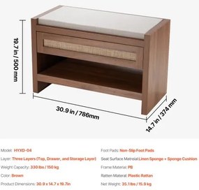 VEVOR Rattan Bench Woven Bench 30.9 Inches for Entryway Living Room &amp; Bedroom