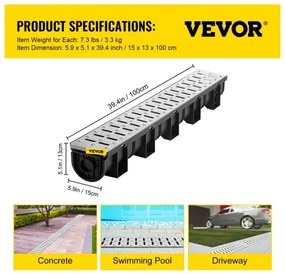 VEVOR Drainage Trench Driveway Channel Drain Kit Metal Grate-5.8