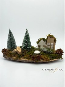 Ξύλινη Χειμωνιάτικη Σύνθεση με σπιτάκια &amp; Κηροπήγιο - Χιονισμένο Δάσος