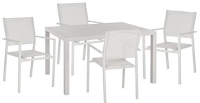 OUTDOOR DINING SET  5PCS WHITE ALUMINUM TABLE AND METAL ARMCHAIRS WITH WHITE TEXTLINE