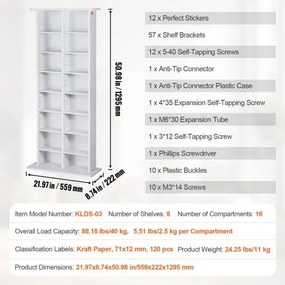 VEVOR Media Storage Cabinet 8 Layers Adjustable DVD Shelves Holds 464 CDs White