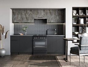 TAMARA 240 kitchen set, color: front - grey marble / black, body – carbon wood, worktop – grey