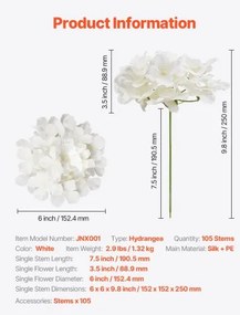VEVOR 105 Pcs Artificial Silk Hydrangea Flowers 9.8 In Bouquet Arrangement White