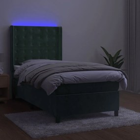 vidaXL Κρεβάτι Boxspring με Στρώμα & LED Σκ. Πράσινο 100x200εκ Βελούδο