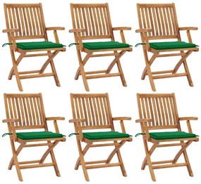 Καρέκλες Κήπου Πτυσσόμενες 6 τεμ. Μασίφ Ξύλο Teak με Μαξιλάρια - Πράσινο