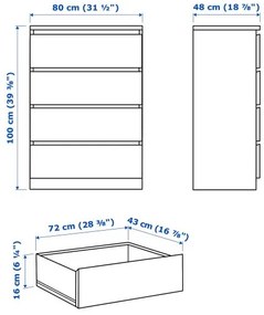 MALM συρταριέρα με 4 συρτάρια/γυαλιστερό, 80x100 cm 504.240.54