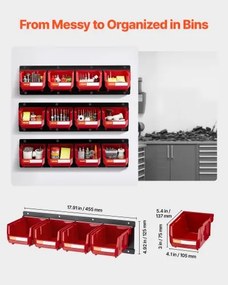 VEVOR Wall Mounted Storage Bins, 12 Plastic Bins &amp; 3 Metal Rails, Plastic Hanging Stackable Storage Bin for Screws, Nuts, Bolts, Nails, Hardware Tool Organizer for Workshop, Craft Room, Garage, Red