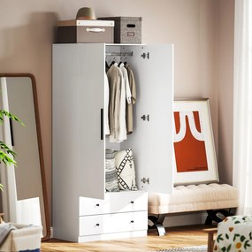 Ντουλάπα, 2 πόρτες, κρεμάστρα, ράγα ρούχων, 2 συρτάρια, MDF, λευκό