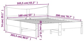 Σκελετός Κρεβατιού Χωρίς Στρώμα 160x200 εκ Μασίφ Ξύλο Πεύκου - Καφέ