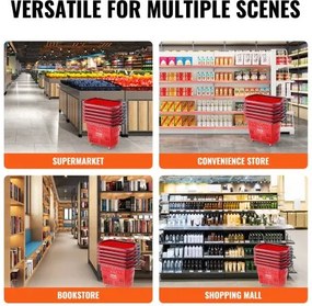 VEVOR Plastic Rolling Shopping Trolley Basket On Wheels 6PCS 39L with Handle Red