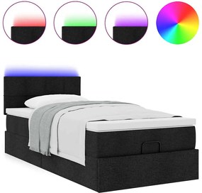 vidaXL Οθωμανικό κρεβάτι με στρώμα &amp; LEDs Μαύρο 90x200 cm Ύφασμα