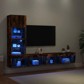 vidaXL Έπιπλα Τοίχου Τηλεόρασης 4 τεμ LED Καπνιστή Δρυς από Επεξ. Ξύλο