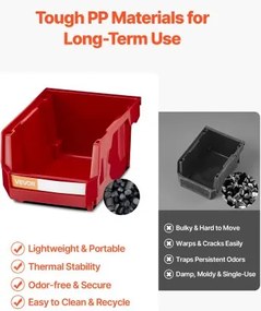 VEVOR Wall Mounted Storage Bins, 12 Plastic Bins &amp; 3 Metal Rails, Plastic Hanging Stackable Storage Bin for Screws, Nuts, Bolts, Nails, Hardware Tool Organizer for Workshop, Craft Room, Garage, Red