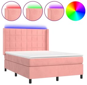 vidaXL Κρεβάτι Boxspring με Στρώμα &amp; LED Ροζ 140x190 εκ. Βελούδινο
