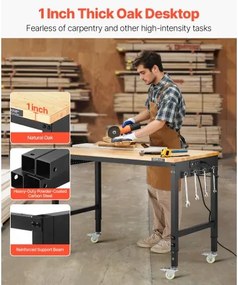 VEVOR 48" Workbench on Wheels Adjustable Height Table with Power Outlet &amp; Pegboard