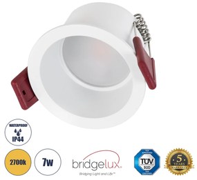 IP 60345 Χωνευτό LED Spot Downlight TrimLess Μπάνιου &amp; WC Φ6.6cm 7W 700lm 45° AC 220-240V IP44 Φ6.6 x Υ5.3cm - Στρόγγυλο - Λευκό - Θερμό Λευκό 2700K - Bridgelux COB - TÜV Certified Driver - 5 Years Warranty