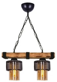GLORA 201-0008 Vintage Κρεμαστό Φωτιστικό Ράγα Δίφωτο 2 x E27 IP20 Μπεζ Ξύλο με Μαύρο Μέταλλο & Μελί Γυαλί-Μ40 x Π1 Globostar-20 201-0008