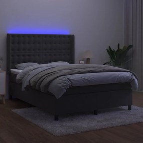 vidaXL Κρεβάτι Boxspring με Στρώμα & LED Σκ. Γκρι 140x200εκ. Βελούδινο