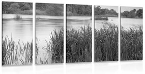 Εικόνα 5 μερών της ανατολής πάνω από τη λίμνη σε ασπρόμαυρο