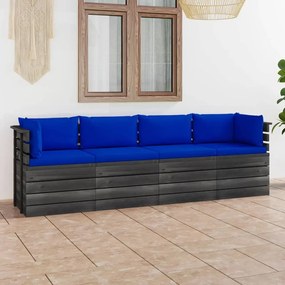 Καναπές Κήπου Παλέτας Τετραθέσιος Μασίφ Ξύλο Πεύκου &amp; Μαξιλάρια - Μπλε