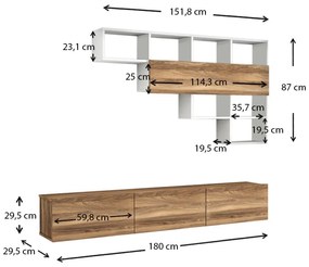 Σύνθεση τηλεόρασης Damla Megapap από μελαμίνη χρώμα καρυδί - λευκό 180x29,5x29,5εκ.