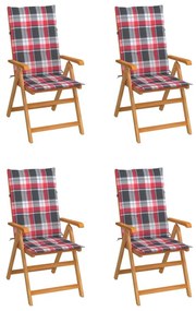 Καρέκλες Κήπου 4 τεμ. Μασίφ Ξύλο Teak με Κόκκινα Καρό Μαξιλάρια - Πολύχρωμο