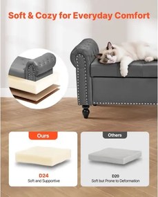 VEVOR Button-Tufted Storage Ottoman Bench Rolled Arm PU Leather Wood Legs Gray