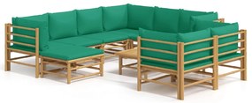 vidaXL Σαλόνι Κήπου Σετ 10 Τεμ. από Μπαμπού με Πράσινα Μαξιλάρια