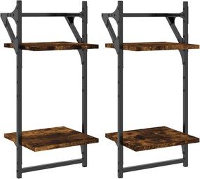 vidaXL Ράφια Τοίχου 2 Επιπέδων με Μπάρα 2 τεμ. Καπνιστή Δρυς