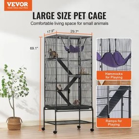 VEVOR 69&quot; Metal Small Animal Cage 4-Tier Rolling Ferret Cage with Tray 3 Ramps