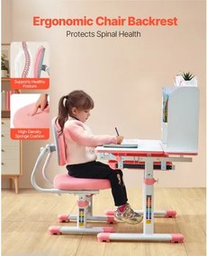 VEVOR Kids Study Chair and Desk with Bookshelf &amp; Drawer Height Adjustable Pink