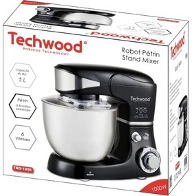 Κουζινομηχανή Techwood TRO-1056, 1000W, 5 lt, 6 ταχύτητες, 3 εξαρτήματα ανάδευσης, Μαύρο/Inox
