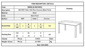 Τραπέζι Baxter 120x70 Sonoma/Βαφή Μαύρη